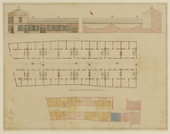 216248 Plattegronden en opstanden van de voor- en achtergevels van het ontwerp voor twee rijen arbeiderswoningen in de ...